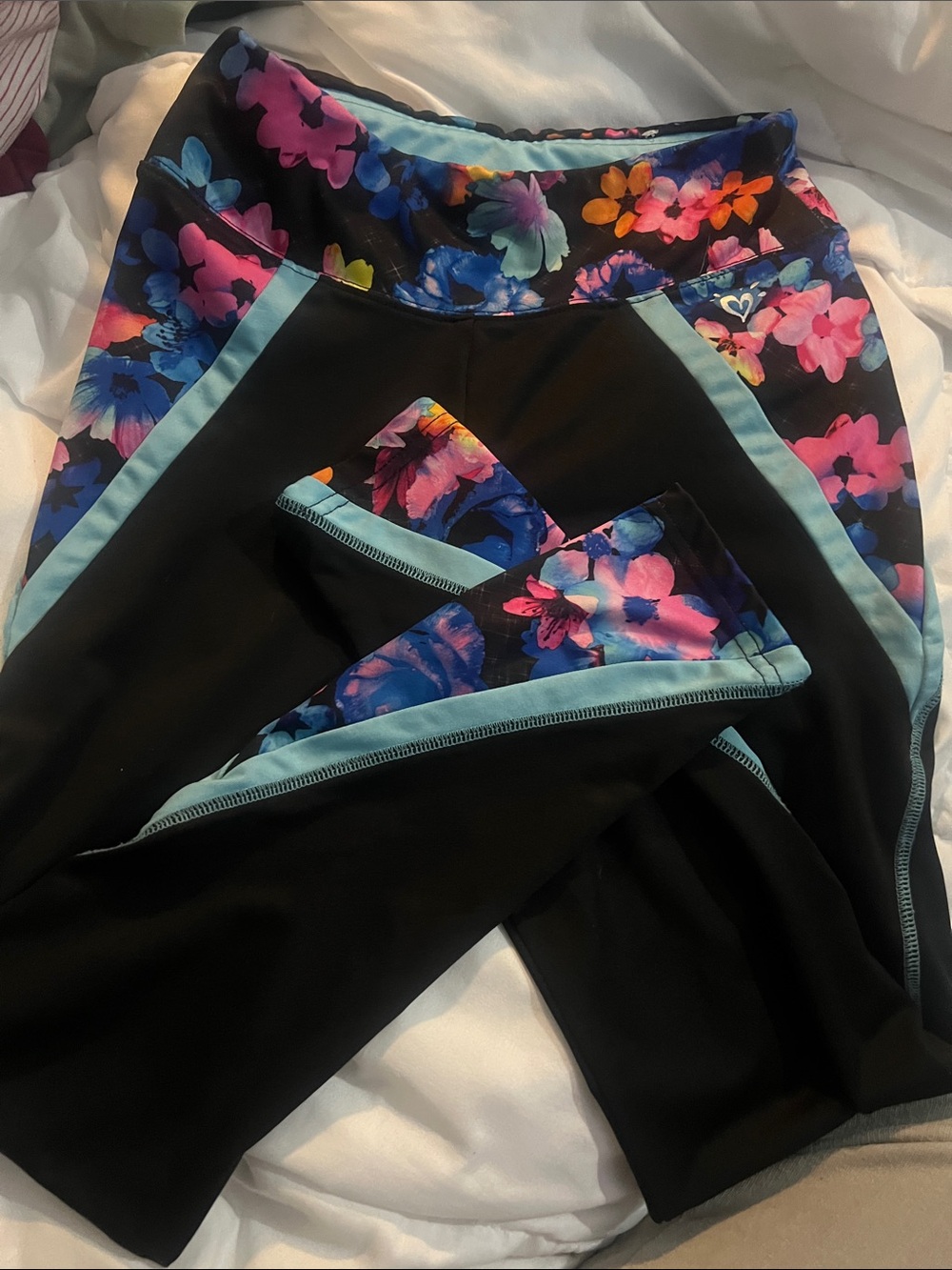 Justice Black Leggings with Floral Panels and Aqua Trim